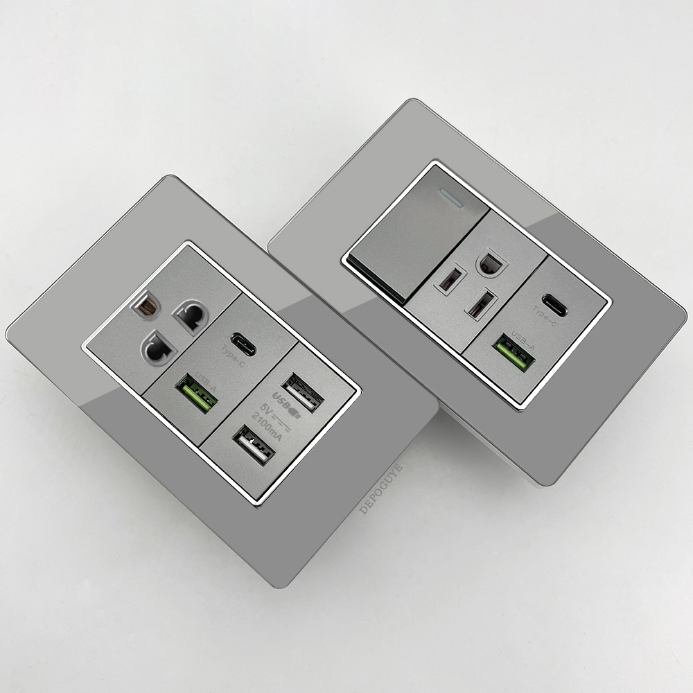 Smart Wall Socket - Graue Gehärtete Glas-Steckdose mit USB Typ-C