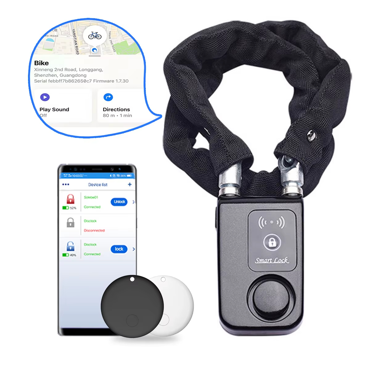 Smart Home Hub Apple - 110dB Alarm-Fahrradkettenschloss mit AirTag-Schlitz, IP55 wasserdicht,