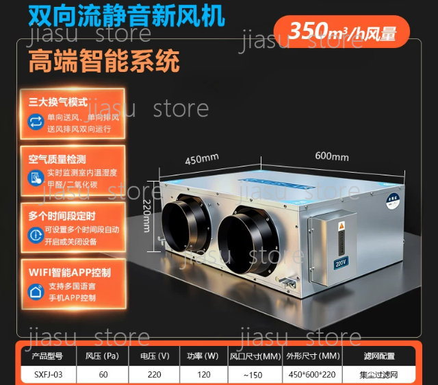 Smart Home Ventilation System - Hochwertiges 350 CFM Smart-Bidirektionales Frischluftsystem, Wärmerückgewinnungsventilator